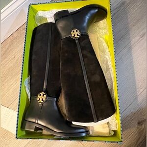 Tory Burch Black Suede and Calf Leather Knee-High Riding Boots with Gold Logo